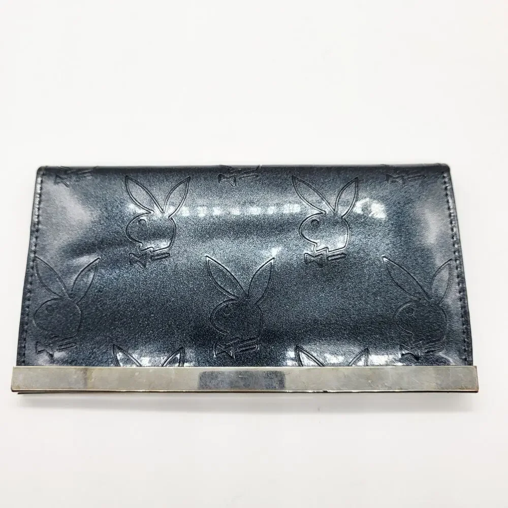 Y2K Playboy Sparkly Charcoal Grey Embossed Signature Bunny Logo Large Wallet